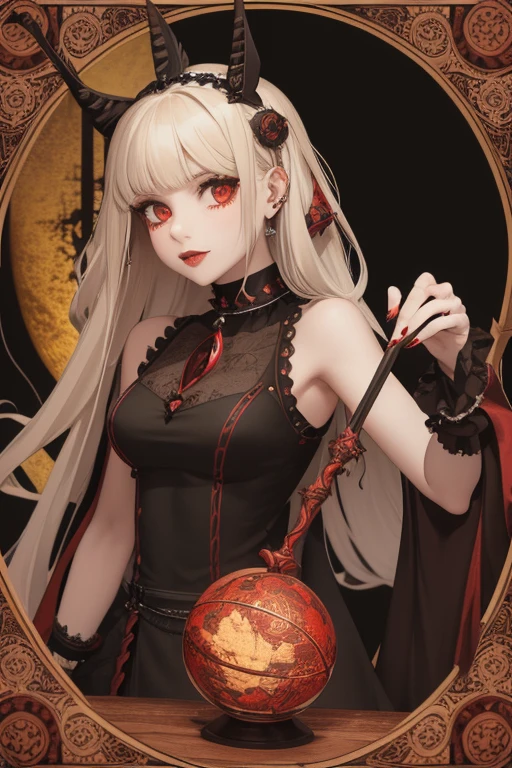 Emma Roberts 20s Vampire long curly blonde hair pointed ears red eyes Gothic priestess clothing black vintage decorations Steampunk holding a staff with a sphere of blood