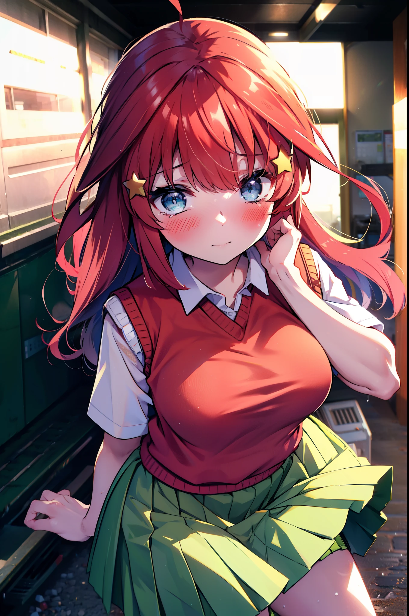 itsukinakano, itsuki nakano, bangs, blue eyes, Hair between the eyes, Ahoge, Redhead, star \(symbol\), hair ornaments, star hair ornaments,Tears stream down her face,Tears of joy,I cry a lot,blush,Open your mouth,
skirt, shirt , clavicle, white shirt, Short sleeve, Pleated skirt, socks, collared shirt, mini skirt, Knee-high, white socks, (Green Skirt:1.5), (red sweater vest:1.5),Black Loafers,Sunset,evening,The sun is setting,whole bodyがイラストに入るように,
break outdoors, Back of the school building,
break looking at viewer, whole body,(Cowboy Shot:1. 5)
break (masterpiece:1.2), Highest quality, High resolution, unity 8k wallpaper, (figure:0.8), (Beautiful attention to detail:1.6), Highly detailed face, Perfect lighting, Highly detailed CG, (Perfect hands, Perfect Anatomy),