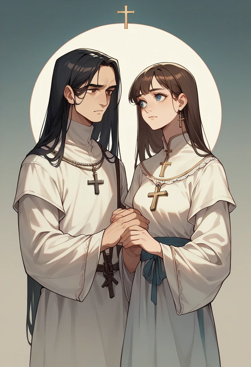 Create a couple composed of a woman with dark hair, fair skin, blue eyes and Arabic features wearing novice clothes next to a crucifix, and a white man with short wavy dark hair, light skin, brown eyes and white clothes facing each other. the other realistic