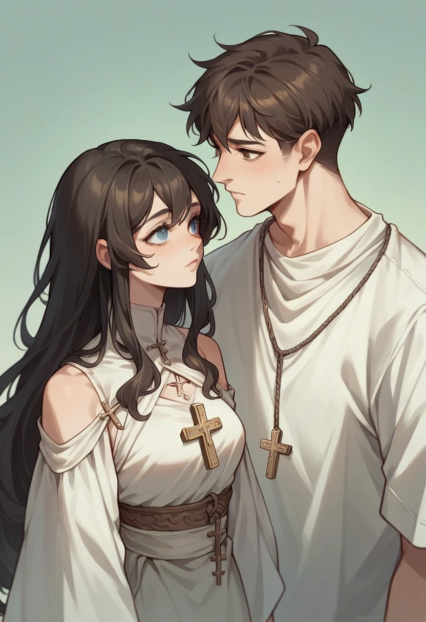Create a couple composed of a woman with dark hair, fair skin, blue eyes and Arabic features wearing novice clothes next to a crucifix, and a white man with short wavy dark hair, light skin, brown eyes and white clothes facing each other. the other realistic