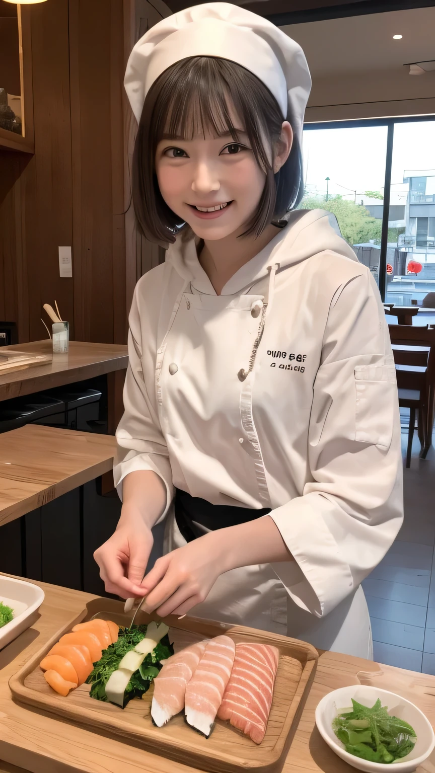 closeup shot , Best picture quality (8K, high resolution, Masterpiece: 1.2), super detailed,  215 Short Hair, -yeld wo, 

situation: At the counter of a sushi restaurant、A scene where a craftsman is making sushi。
clothing: White coat、apron、Hood or headband。
angle:
Close-up: The hands of the craftsman making sushi、A detailed look at a person&#39;s concentrated work face。
Detailed depiction: A counter with fresh seafood on display、Freshly made sushi in the background、Emphasizing the fine craftsmanship。
Emotional moment: The moment when the chef serves beautiful sushi to the customer,、Capturing the serious expression of a craftsman。


, Close-up of face 

, random cute pose ,big eyes ,Puffy eyes ,  Heart Pupil, blush  , huge shy smile , salute
