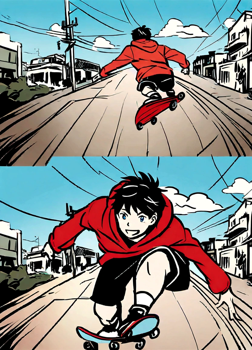 Create an anime-style illustration of a boy skateboarding in mid-air. The boy should have a joyful expression and be wearing a red hoodie and black shorts, similar to the girl in the reference image. The background should feature a clear blue sky with some clouds, utility poles, and buildings in a light, sketchy style. Ensure the overall color palette and energetic feel of the image match the reference.