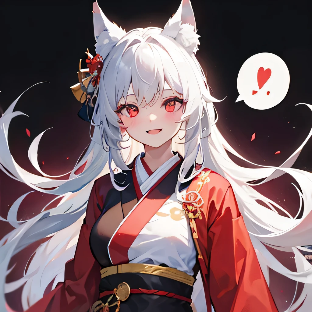 Masterpiece, high quality, muffled in a large speech bubble, one girl, wolf ears, red eyes, smiling pretty, long white hair ponytail, big tits, red kimono.