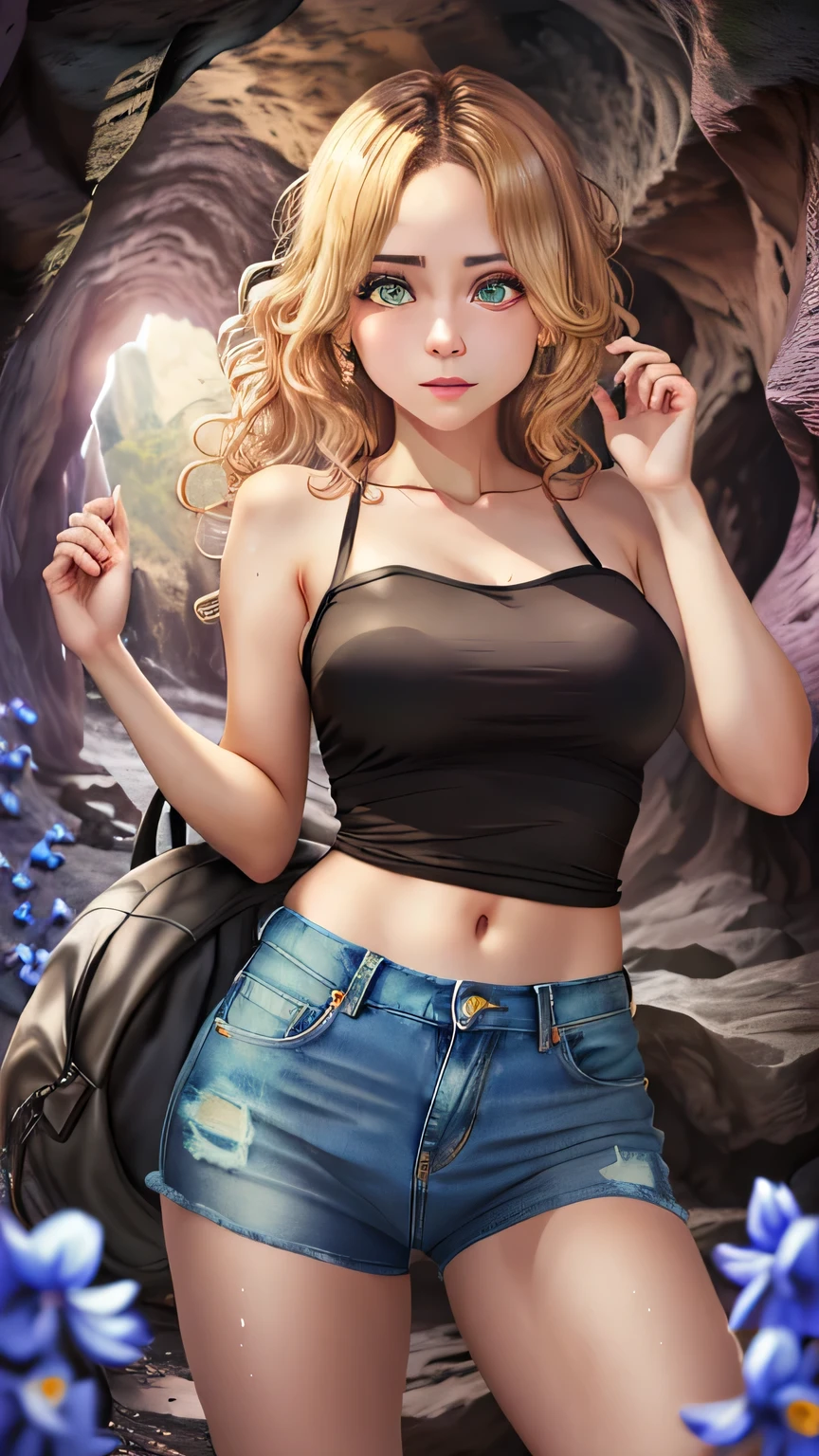 30-year-old woman, Upper body portraitPhotography, (Alyssa Monks:1.1), Joseph Lorso, Lilia Alvarado, Beautiful lighting, Sharp focus, 8K, High resolution, (pores:0.1), (Sweaty:0.8), masterpiece, nikon z9, Award-winning photo, (Perfect round irises:1.3)､White tube top､Short denim､Big Tits､Long blonde curly hair､((Dark Cave))､(Detailed cave)､Face close-up, (Dynamic pose)､ masterpiece, 最high quality, high quality, High resolution､(Upper body portrait)､