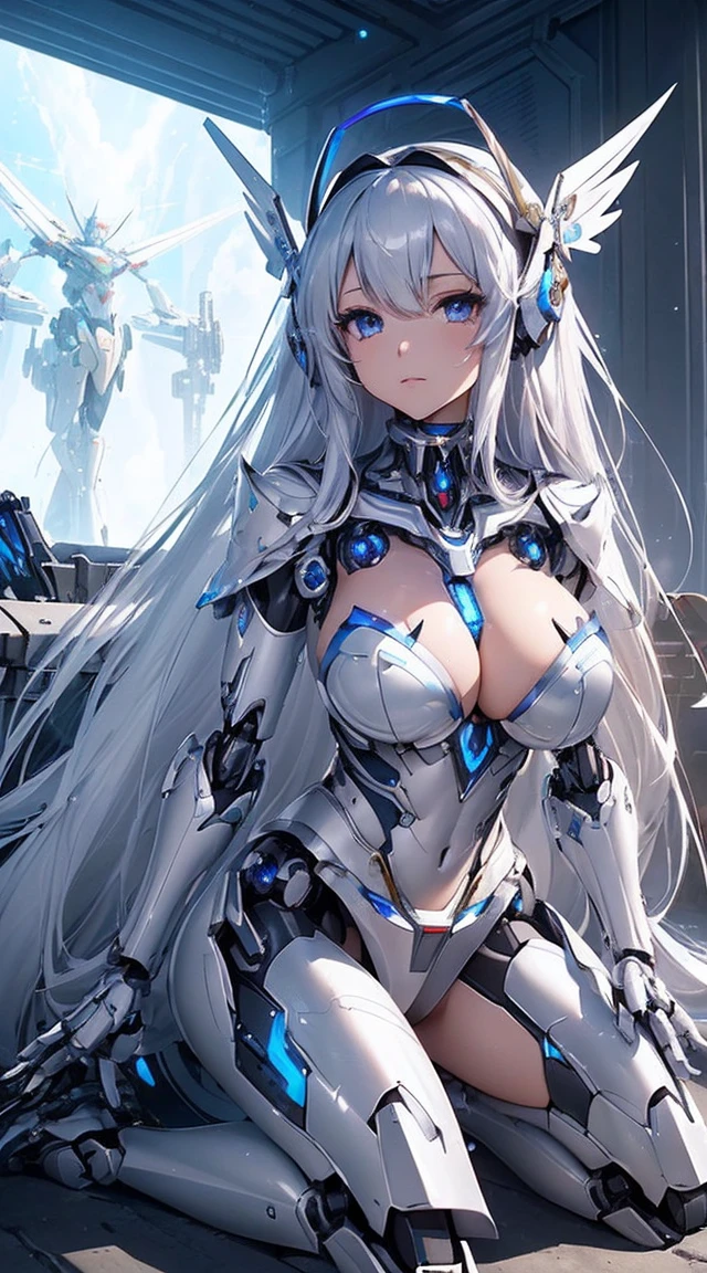 (Sit with one knee on the machine:1.6)、(Full body description:1.3)、((Shining lenses on both breasts:1.3))、((Blue pillars of light are emanating from both chests.:1.3))、smile、((8K)), ((32k)), ((Highest quality)), ((masterpiece)), ((超A high resolution)), ((Tmasterpiece)), ((Halation:1.4))、((Mechaニカルheadgear:1.2))、((Cyber Headphones:1.3))、Fine skin, High quality fabric, Fine metal texture、((Beautiful and dense face))、RAW Photos、Professional, Ultra-fine painting, ((alone)), Beautiful breasts、Highest quality, Very detailed, Very detailed詳細, Finer details, so beautiful, ((Princess Knight Robot:1.2)), (Joints of machines, Mechanical Limbs:1.3), (The internal structure of the machine is exposed:1.3), (Long silver hair:1.1), (Beautiful and huge mechanical breasts)、White Veil, cowboy_shot, Side Focus, headgear, Shiny、(Five Fingers, Four fingers and thumb),Concept Art, Anime fantasy artwork, Detailed fantasy art, (with pale blue-violet hair and large white wings,,,,,,,), (((Long silver hair))), (Mecha:1.6)、Sleek and intimidating design, ((Commander-in-Chief'arm)), (Perfect robot body)、純白と青紫armまたは, Symmetrical wings, 8K high quality, detailed art, 3D rendering of character art in 8K, neat legs, Defined, Defined fingers,