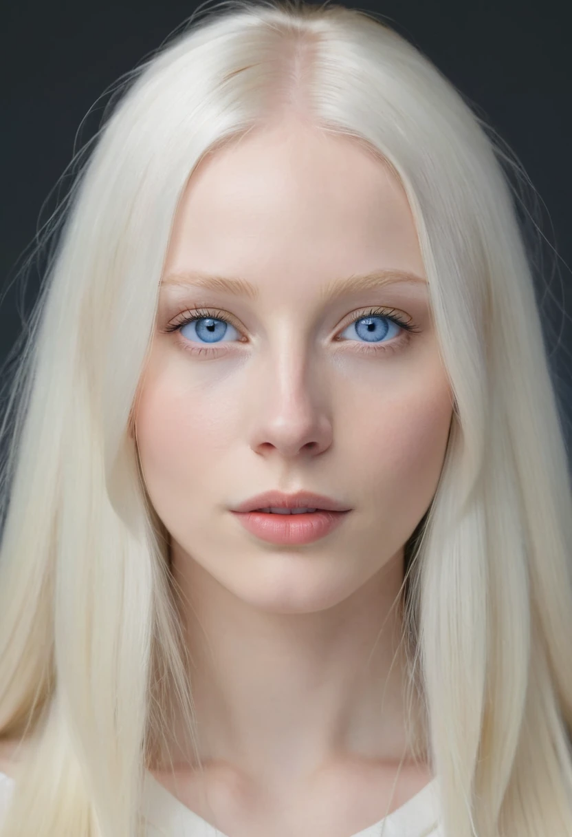 Young 22 years old russian woman, high cheekbones, mysterious gaze, heart faceshape, blue eyes, hunter eye shape, long eyelashes, full lips, small nose, blond straight hair