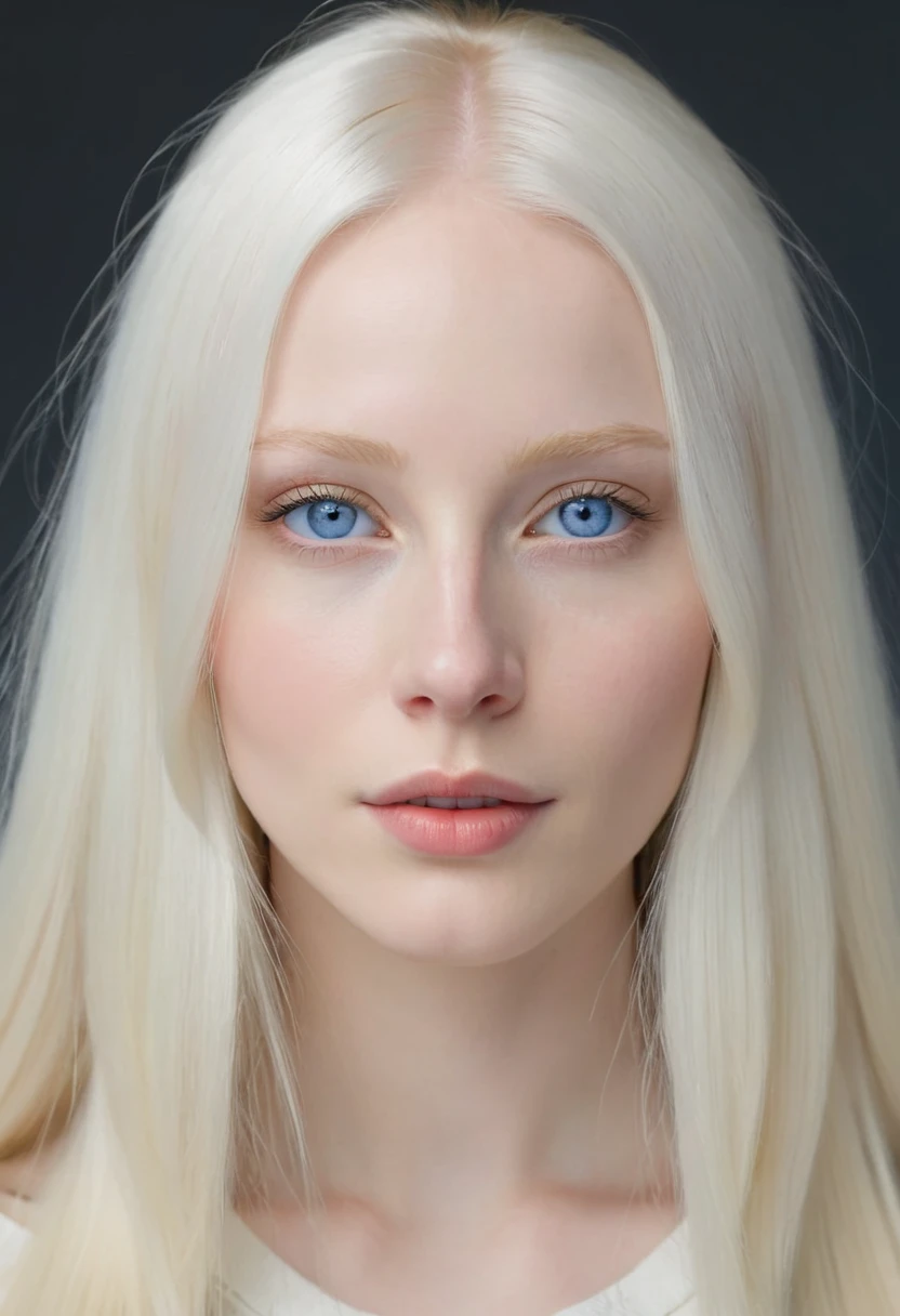 Extremely light albino woman, young, adult, neoteny, blue eyes, angelic face, fine features, thin nose, symmetrical face, small nose, perfect face, tenderness, smooth skin, perfect skin, very long light white hair,hyper realistic,centered front face, looking straight ahead,mouth shut