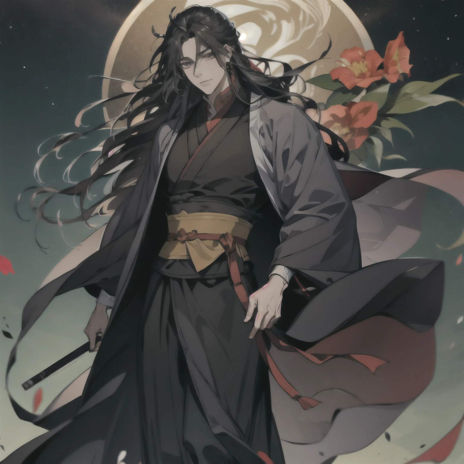 (masterpiece, best quality:1.2), 1male, solo, wei wuxian, mo dao zu shi, mdzs, black clothes, grey eyes, long black hair, perfect anatomy, full body, Acacia flowers