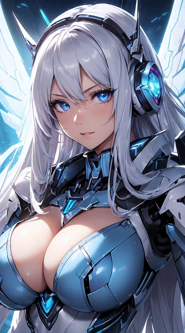 ((Extreme close up:1.6))、(((Lenses shining on both breasts:1.3)))、((Blue pillars of light radiate from both of his chests..:1.3))、break、(((Dynamic pose:1.8)))、smile、((8K)), ((32k)), ((Highest quality)), ((masterpiece)), ((超A high resolution)), ((Tmasterpiece)), ((Halation:1.4))、((Mechaニカルheadgear:1.2))、((Cyber Headphones:1.3))Fine skin, High quality fabric, High-quality metal texture、((Beautiful and dense face))、RAW Photos、Professional, Ultra-fine painting, ((alone)), Beautiful breasts、Highest quality, Very detailed, Very detailed詳細, Finer details, so beautiful, ((Princess Knight Robot:1.2)),  (Joint of the machine, Mechanical Limbs:1.3), (The internal structure of the machine is exposed:1.3), (Long silver hair:1.1), (Beautiful and huge mechanical breasts)、White Veil, cowboy_shot, Side Focus, headgear, Shiny、(Five Fingers, Four fingers and thumb),Concept Art, Anime fantasy artwork, Detailed fantasy art, (with pale blue-violet hair and large white wings,,,,,,,,), (((Long silver hair))), (Mecha:1.6)、Sleek and intimidating design, ((Commander-in-Chief&#39;arm)), (Perfect robot body)、純白と青紫のarmまたは, Symmetrical wings, 8K High Resolution, Detailed Art, 3D rendering of character art in 8K, neat legs, Defined, Defined fingers,((headshot:1.3))