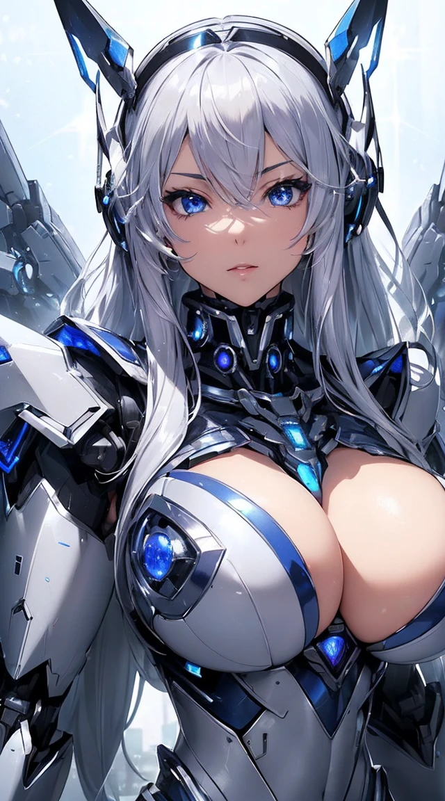 ((Extreme close up:1.6))、(((Lenses shining on both breasts:1.3)))、((Blue pillars of light radiate from both of his chests..:1.3))、break、(((Dynamic pose:1.8)))、smile、((8K)), ((32k)), ((Highest quality)), ((masterpiece)), ((超A high resolution)), ((Tmasterpiece)), ((Halation:1.4))、((Mechaニカルheadgear:1.2))、((Cyber Headphones:1.3))Fine skin, High quality fabric, High-quality metal texture、((Beautiful and dense face))、RAW Photos、Professional, Ultra-fine painting, ((alone)), Beautiful breasts、Highest quality, Very detailed, Very detailed詳細, Finer details, so beautiful, ((Princess Knight Robot:1.2)),  (Joint of the machine, Mechanical Limbs:1.3), (The internal structure of the machine is exposed:1.3), (Long silver hair:1.1), (Beautiful and huge mechanical breasts)、White Veil, cowboy_shot, Side Focus, headgear, Shiny、(Five Fingers, Four fingers and thumb),Concept Art, Anime fantasy artwork, Detailed fantasy art, (with pale blue-violet hair and large white wings,,,,,,,,), (((Long silver hair))), (Mecha:1.6)、Sleek and intimidating design, ((Commander-in-Chief&#39;arm)), (Perfect robot body)、純白と青紫のarmまたは, Symmetrical wings, 8K High Resolution, Detailed Art, 3D rendering of character art in 8K, neat legs, Defined, Defined fingers,((headshot:1.3))