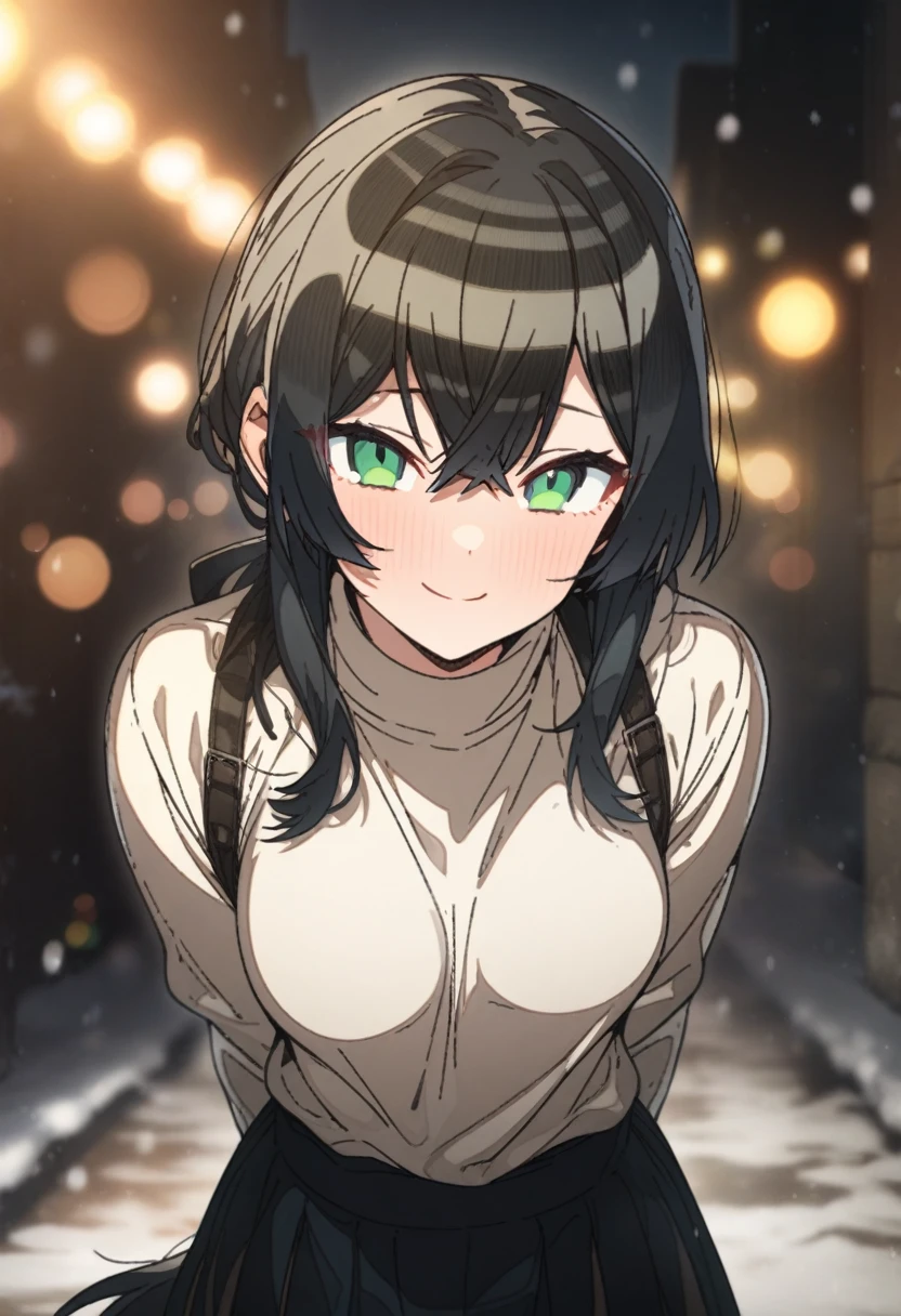 {{upper body, dutch angle}} {{Artist: sincos}} 1girl, young female, black hair, short hair, green eyes, short black dress, cleavage, white belt, indoors, living room, standing, hands on hips, pov, medieval fantasy.
