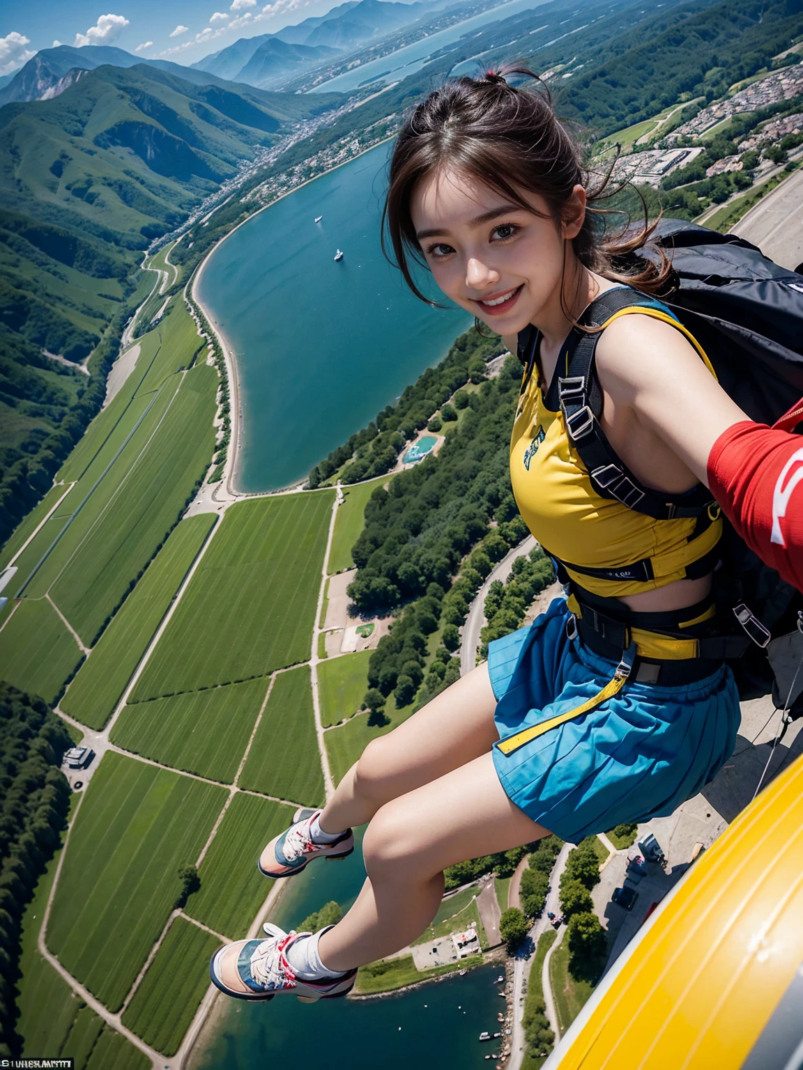 Beautiful 24 Years Korean Girl, Paragliding On switzerland alaps valley, ((On air)), ((Paragliding)), Solo, Air, Realistic, Ultra HD, 8k unity walpaper, Ray Tracing, Beautiful smile, (smile:1.2), (Red T-shirt), (pleated above knee length Yellow skirt), detailed background, Detailed skin, detailed dress , (Detailed paragliding), Real Paragliding, Landing time, Touching ground when landing paragliding, Low height on air,