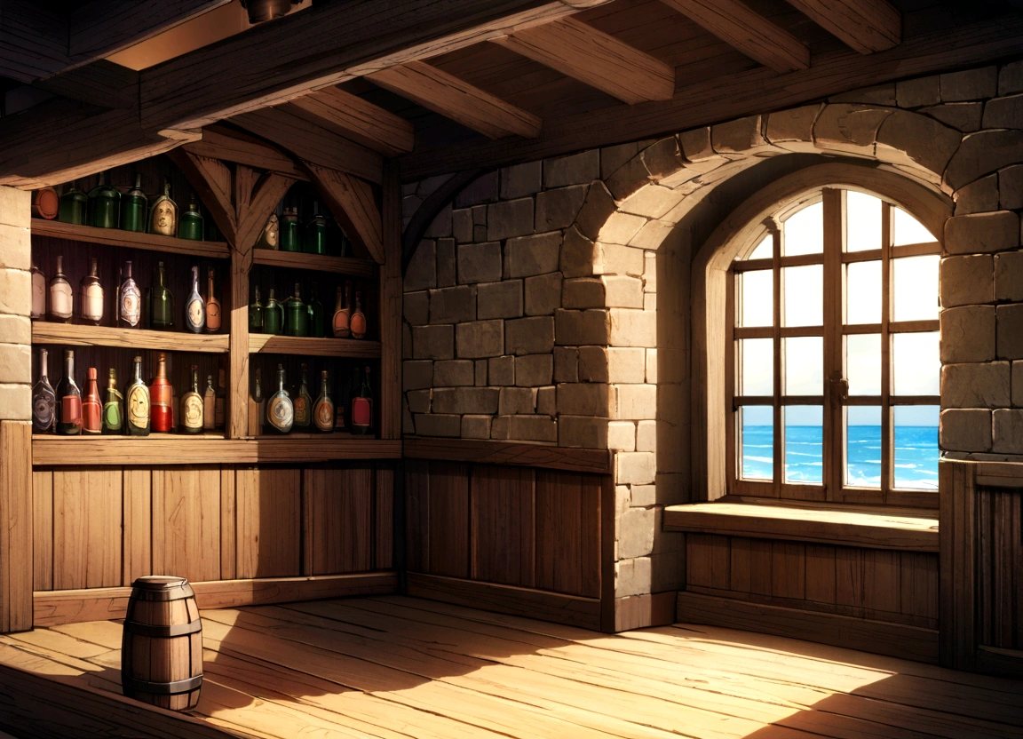 old English pub interior, rough tiled walls, wooden floor, window looking out to sea, shelves with bottles