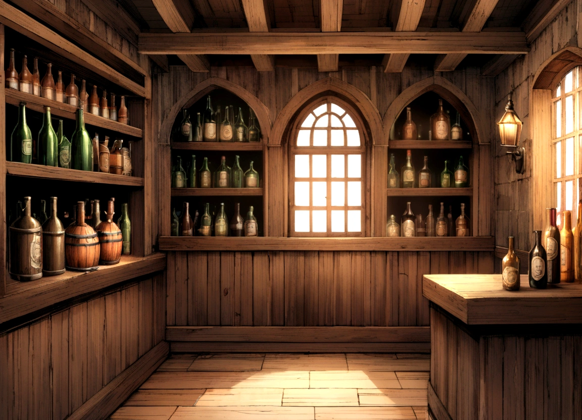 old English pub interior, rough tiled walls, wooden floor, window looking out to sea, shelves with bottles