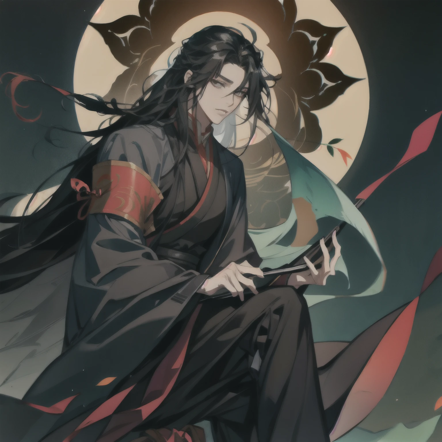 (masterpiece, best quality:1.2), 1male, solo, wei wuxian, mo dao zu shi, mdzs, black clothes, grey eyes, long black hair, perfect anatomy, full body, Acacia flowers