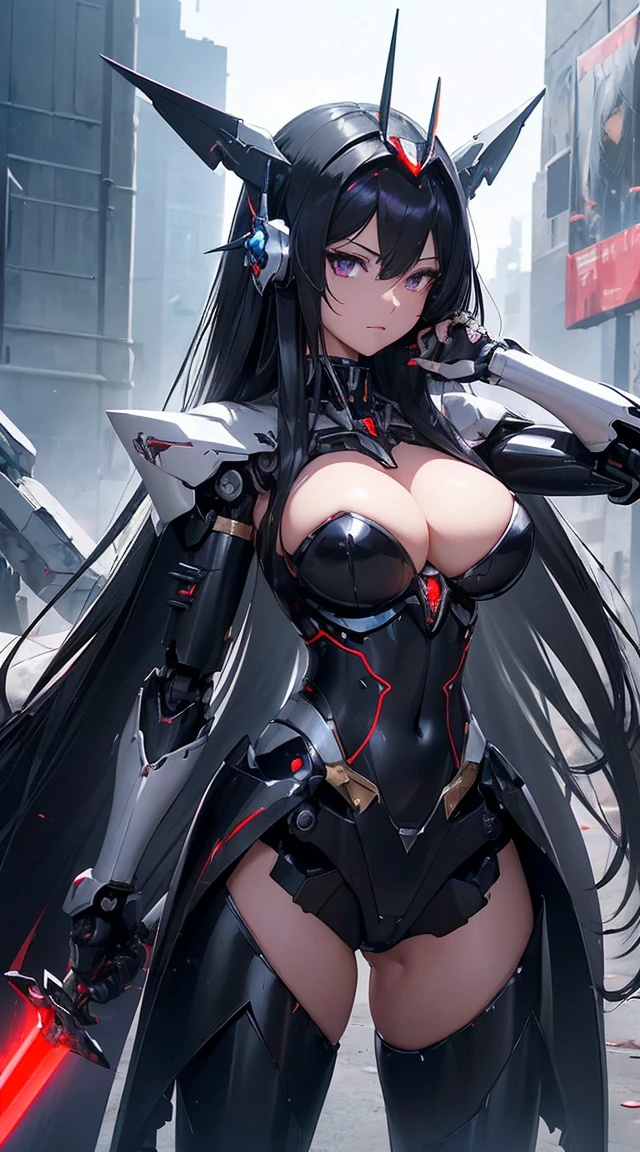 ((Shining lenses on both :1.3))、((Pillars of red light radiate from both chests..:1.3))、((Attack pose:1.6))、((He has a red sword and a long rifle:1.6))、((Battle Scenes:1.8))、((8K)), ((32k)), ((Highest quality)), ((masterpiece)), ((超A high resolution)), ((Tmasterpiece)), ((Halation:1.4))、((Mechaニカルheadgear:1.2))、((Cyber Headphones:1.3))Fine skin, High quality fabric, High-quality metal texture、((Beautiful and dense face))、RAW Photos、Professional, Ultra-fine painting, ((alone)), Beautiful breasts、Highest quality, Very detailed, Very detailed詳細, Finer details, so beautiful, ((Black Knight Robot:1.2)),  (Joint of the machine, Mechanical Limbs:1.3), (The internal structure of the machine is exposed:1.3), (Long black hair:1.1), (Beautiful and huge mechanical breasts)、White Veil, cowboy_shot, Side Focus, headgear, Shiny、(Five Fingers, Four fingers and thumb),Concept Art, Anime fantasy artwork, Detailed fantasy art, (Has light blue-purple hair and black wings,,,,,,), (((Long black hair))), (Mecha:1.6)、Sleek and intimidating design,  (Jet black perfect robot body)、Jet black and reddish purple arms, Symmetrical wings, 8K High Resolution, Detailed Art, 3D rendering of character art in 8K, neat legs, Defined, Defined fingers,((headshot:1.6))