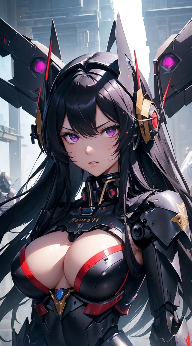 ((Shining lenses on both breasts:1.3))、((Pillars of red light radiate from both chests..:1.3))、((Attack pose:1.6))、((He has a red sword and a long rifle:1.6))、((Battle Scenes:1.8))、((8K)), ((32k)), ((Highest quality)), ((masterpiece)), ((超A high resolution)), ((Tmasterpiece)), ((Halation:1.4))、((Mechaニカルheadgear:1.2))、((Cyber Headphones:1.3))Fine skin, High quality fabric, High-quality metal texture、((Beautiful and dense face))、RAW Photos、Professional, Ultra-fine painting, ((alone)), Beautiful breasts、Highest quality, Very detailed, Very detailed詳細, Finer details, so beautiful, ((Black Knight Robot:1.2)),  (Joint of the machine, Mechanical Limbs:1.3), (The internal structure of the machine is exposed:1.3), (Long black hair:1.1), (Beautiful and huge mechanical breasts)、White Veil, cowboy_shot, Side Focus, headgear, Shiny、(Five Fingers, Four fingers and thumb),Concept Art, Anime fantasy artwork, Detailed fantasy art, (Has light blue-purple hair and black wings,,,,,,), (((Long black hair))), (Mecha:1.6)、Sleek and intimidating design,  (Jet black perfect robot body)、Jet black and reddish purple arms, Symmetrical wings, 8K High Resolution, Detailed Art, 3D rendering of character art in 8K, neat legs, Defined, Defined fingers,((headshot:1.6))