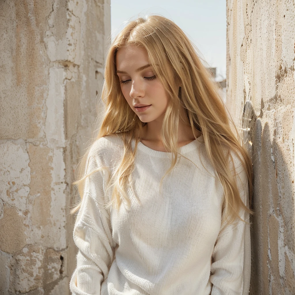 Red woman with long hair leaning against a wall in a white sweater, beautiful red girl, beautiful blonde woman, blonde, blonde woman, photo of a beautiful woman, beautiful soft lighting, gorgeous soft lighting, in white clothes, a beautiful woman in white, clothed in white shirt, soft light from the side, delicate soft hazy lighting, a gorgeous blonde