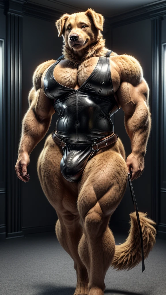 tail, dog, golden retriever, muscular, model posing, gray room, fluffy fur, tall, giant, (big bulge), (((jiggly big pecs))), (((small waist))), (((wide hips))), (((big ass))), handsome, ((wearing leather clothing)), smile, (((realistic, 8k, ultra details, masterpiece)))