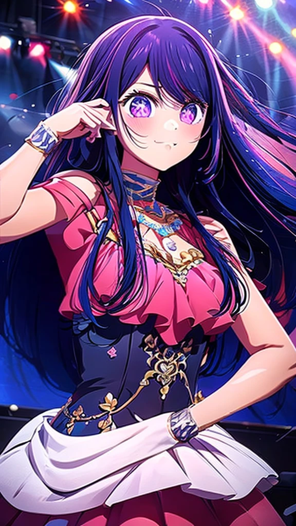 Sparkling，Ultra-high sharpness，One girl , Ai Hoshino, (Delicate and detailed facial features:1), high resolution, Ultra-clear resolution, Movie quality,pretty girl，Wearing stage costumes，Take the stage,The spotlight shines on your body,from the front,whole body