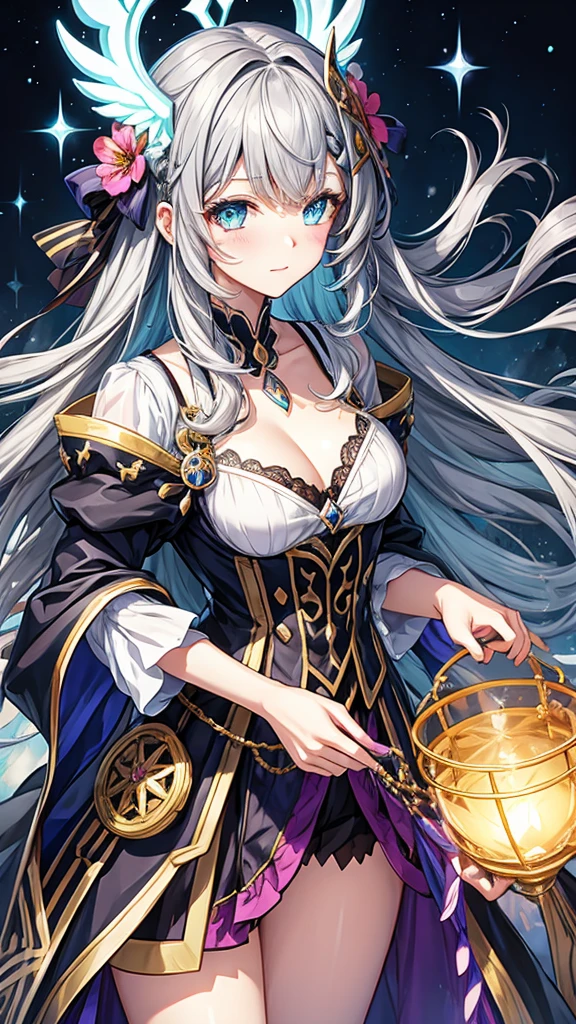 fantasy world girl with colorful hair, accessories, detailed clothes, dark gray hair