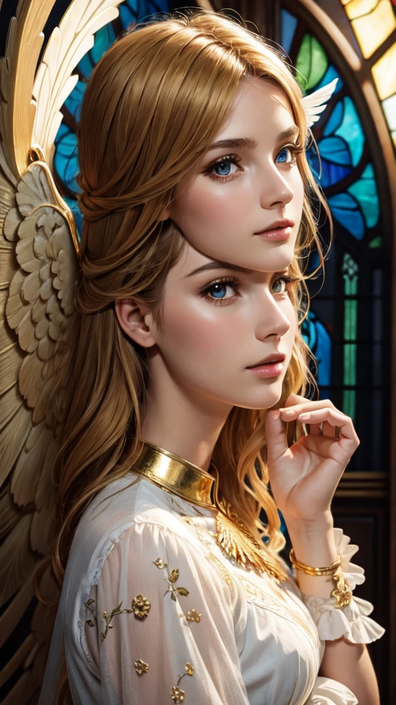 realistic,photorealistic,photo-realistic:1.37,best quality,4k,8k,highres,masterpiece:1.2,ultra-detailed,vibrant colors,stained glass,beautiful vintage angel woman,frontal face,front face,front view,gold hair,determined expression,(large open angel wings:1.1),Alphonse Mucha style,intricate floral background,warm tones,soft lighting,1girl