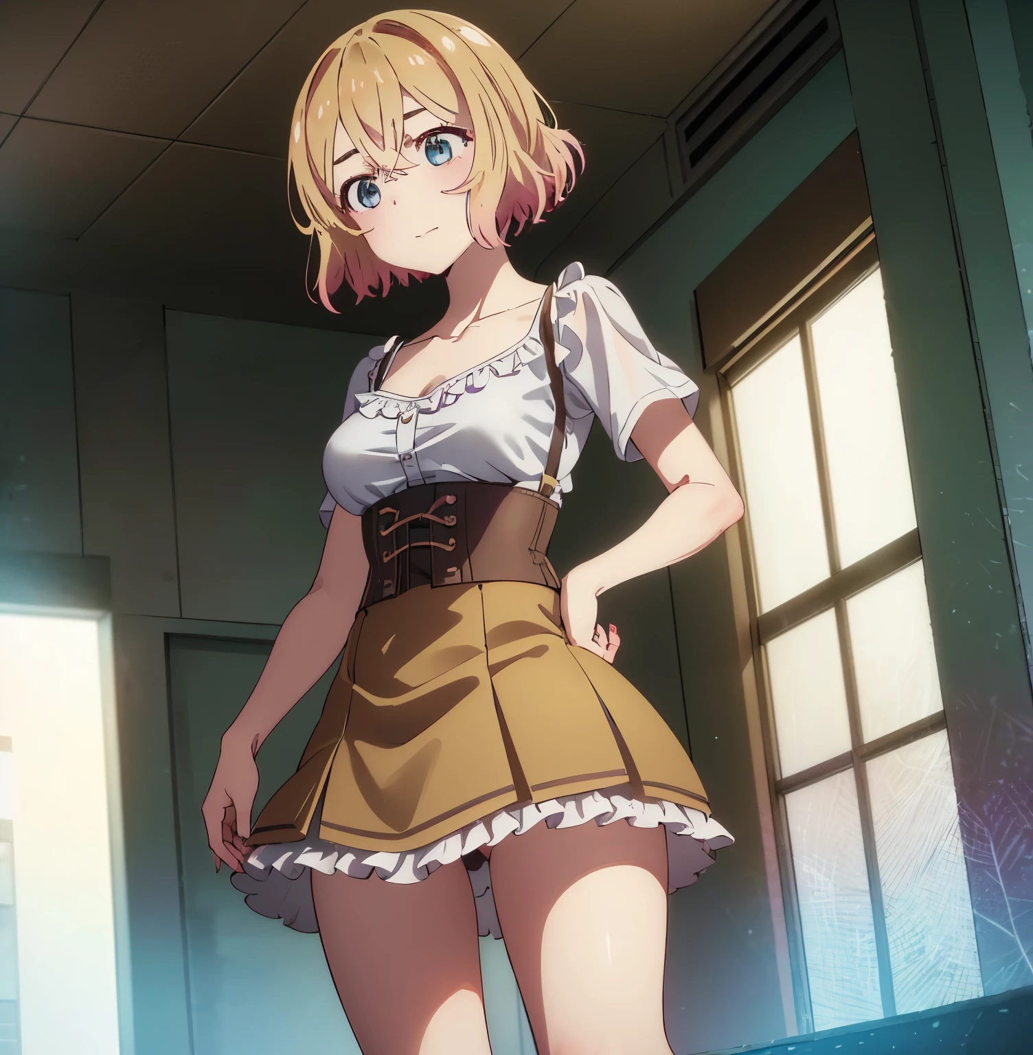 ((1girl)),((alone)), mami nanami, ultra detailed, sharp focus, detailed background, detailed eyes, masterpiece, dynamic posture, curvy body, perfect fingers, cowboy shot, hands on waist, looking at spectator, short hair, aqua eyes, blonde hair, hair between the eyes, medium breasts, narrow waist, wide hips, wide thighs, round butt,((brown skirt with beige details, short skirt, shirt, collarbone, white shirt, cleavage ,short sleeves, green ruffles, brown loafers, socks, white socks, corset)), ((solo)),((standing, outdoors, cityscape, Japanese city, good lighting, mild climate)), sideways, blush, seductive expression, smile ,mouth closed, dutch angle, looking back, from behind,((focus on butt)),pov(from below), perfect anatomy,perfect hands