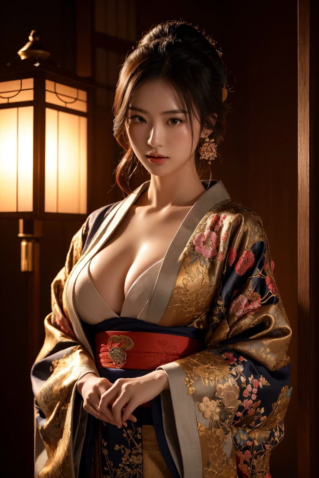 a beautiful japanese woman wearing an ornate kimono with intricate embroidery, extremely large breasts, dark lighting, cinematic, artistic composition, looking at viewer, masterpiece, ultra-detailed, 8k, photorealistic, chiaroscuro lighting, elegant, refined, graceful, serene, mystical, atmospheric