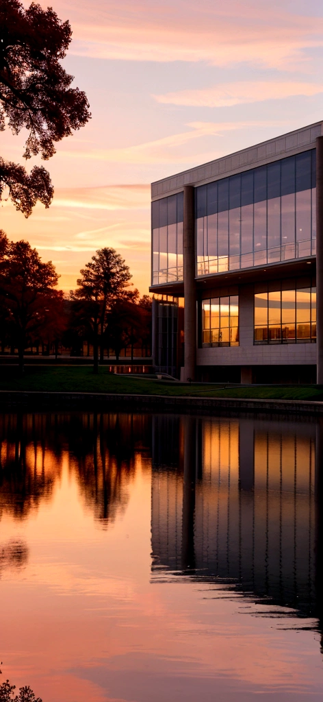 The modern library stands on the lakeside of the beautiful university campus，In the distance is the setting sun, casting a red glow on the horizon