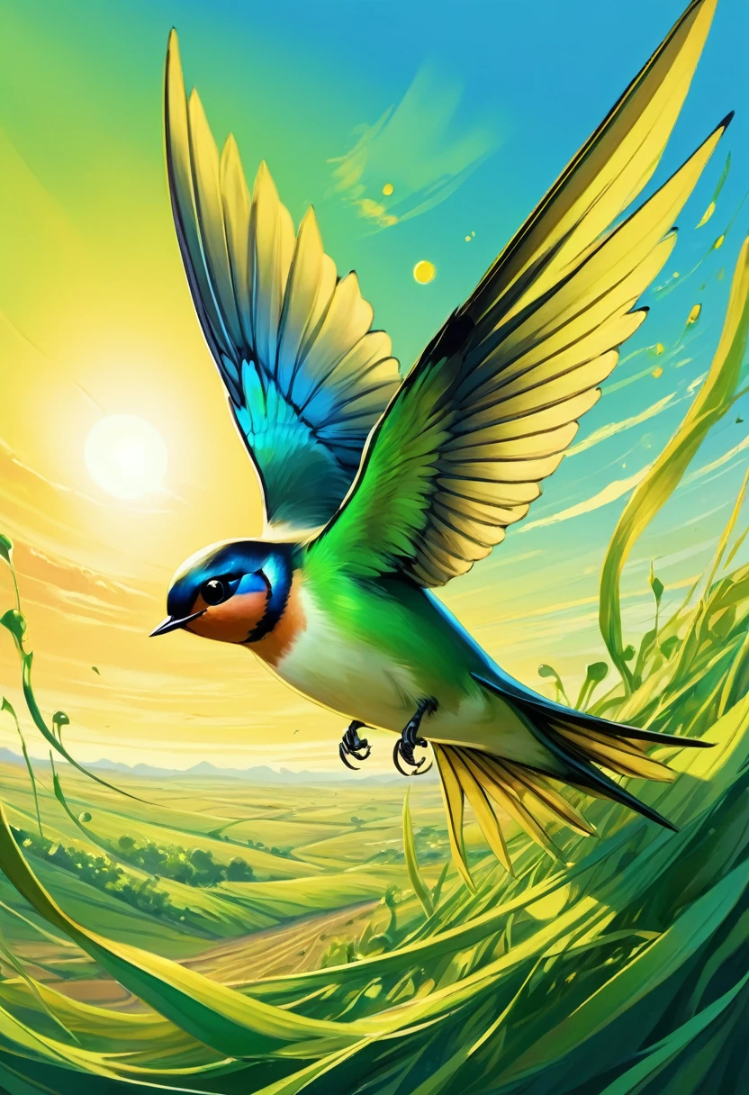 Dream illustration, similar to a fairy tale, oil painting, 8K，k hd, A large swallow chirping, fund, Beautiful steppe plains, High definition, doradas, yellow light, Light blue-green, Carmim, light green, sunrise colors, doradas glow atmosphere (digital drawing:1.2), comic style, ToonYou Style, illustrative funk, Graffiti de contra-onda, Perspective view, Close extremo do rosto, tee shirt graphic, Ultra High definition, realisitic, bright coloured, highy detailed, Ultra High definition drawing, pen and ink, perfect composition, Linda, detailed, intricate, insanamente detailed, octane rendering trend in artstation, 8k art photography, Arte conceitual fotorrealisitic, soft natural volumetric cinematic perfect light