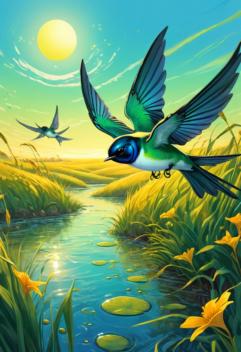 Dream illustration, similar to a fairy tale, oil painting, 8K，k hd, A large swallow chirping, fund, Beautiful steppe plains, High definition, doradas, yellow light, Light blue-green, Carmim, light green, sunrise colors, doradas glow atmosphere (digital drawing:1.2), comic style, ToonYou Style, illustrative funk, Graffiti de contra-onda, Perspective view, Close extremo do rosto, tee shirt graphic, Ultra High definition, realisitic, bright coloured, highy detailed, Ultra High definition drawing, pen and ink, perfect composition, Linda, detailed, intricate, insanamente detailed, octane rendering trend in artstation, 8k art photography, Arte conceitual fotorrealisitic, soft natural volumetric cinematic perfect light