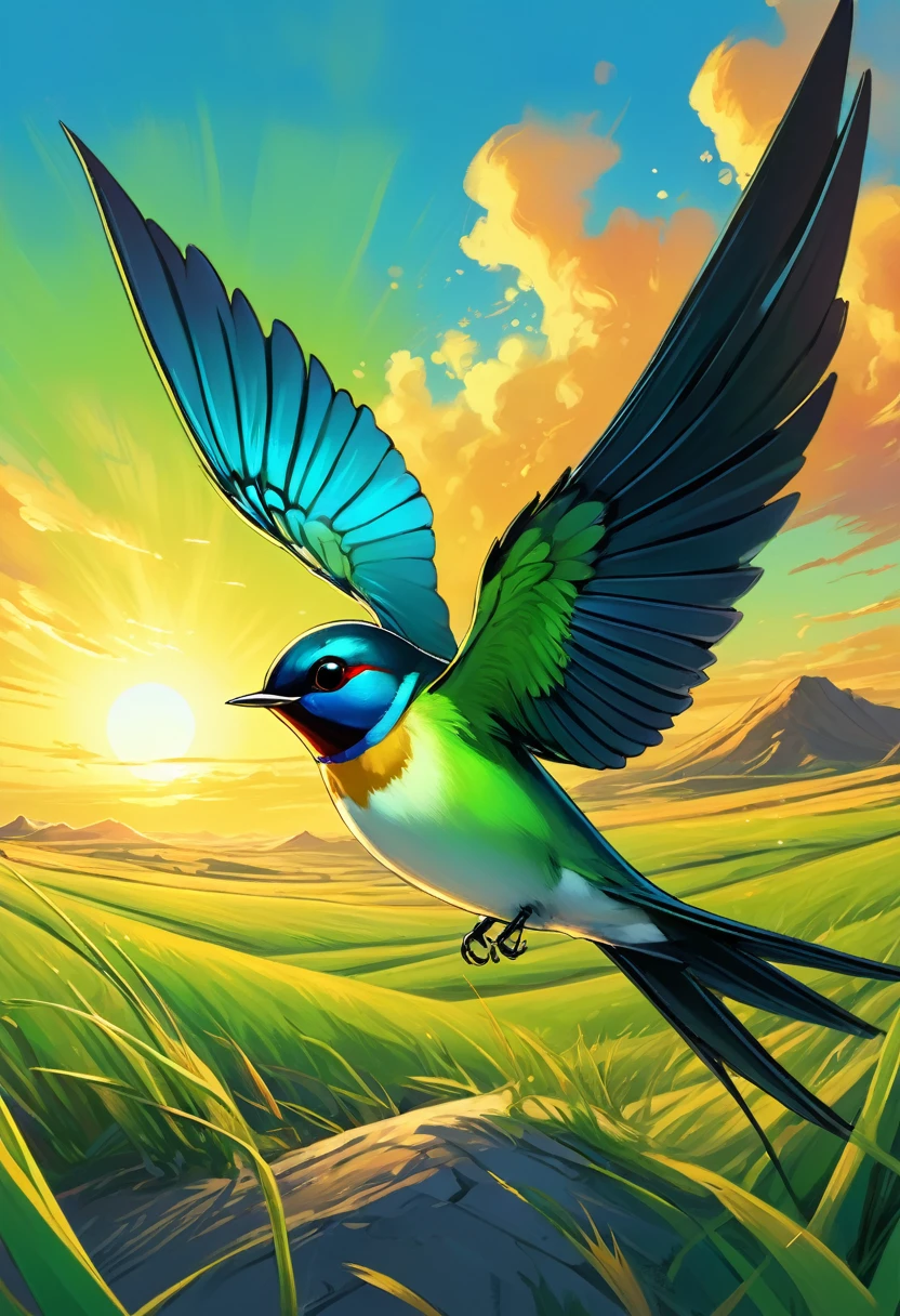 Dream illustration, similar to a fairy tale, oil painting, 8K，k hd, A large swallow chirping, fund, Beautiful steppe plains, High definition, doradas, yellow light, Light blue-green, Carmim, light green, sunrise colors, doradas glow atmosphere (digital drawing:1.2), comic style, ToonYou Style, illustrative funk, Graffiti de contra-onda, Perspective view, Close extremo do rosto, tee shirt graphic, Ultra High definition, realisitic, bright coloured, highy detailed, Ultra High definition drawing, pen and ink, perfect composition, Linda, detailed, intricate, insanamente detailed, octane rendering trend in artstation, 8k art photography, Arte conceitual fotorrealisitic, soft natural volumetric cinematic perfect light