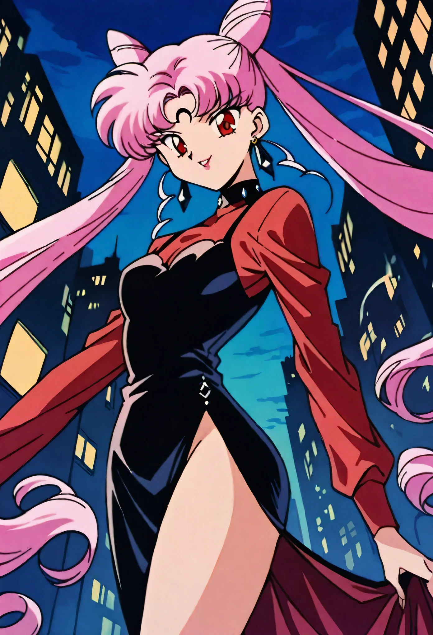 masterpiece,best quality,very aesthetic,ultra detailed,intricate details,4k,1990s \(style\),Black Lady1,1girl,solo,pink hair,cone hair bun,crescent facial mark,long hair,hair bun,side slit,dress,double bun,red eyes,facial mark,crescent,jewelry,twintails,earrings,very long hair,crystal earrings,forehead mark,evil smile,cowboy shot,looking at viewer,city,