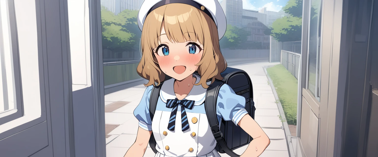 One girl, Sweaty Momoko, 夏-es, Day, blush, Brown Hair, blue eyes, Eyebrows visible through hair, Puffy sleeves, bag, Blonde, Grey hat, Medium Hair, school bag, View your viewers, Short sleeve, Backpack, :d, Open your mouth, short hair, Long Hair, smile, Are standing, Retention strap, White Dress, Sailor suit, Blue Shirt, Collared shirt, Sailor collar, puffy Short sleeve, beret, White Hat, Sailor's hat, Neck ribbon, Black neckwear, Striped neckwear, button, masterpiece, Highest quality 