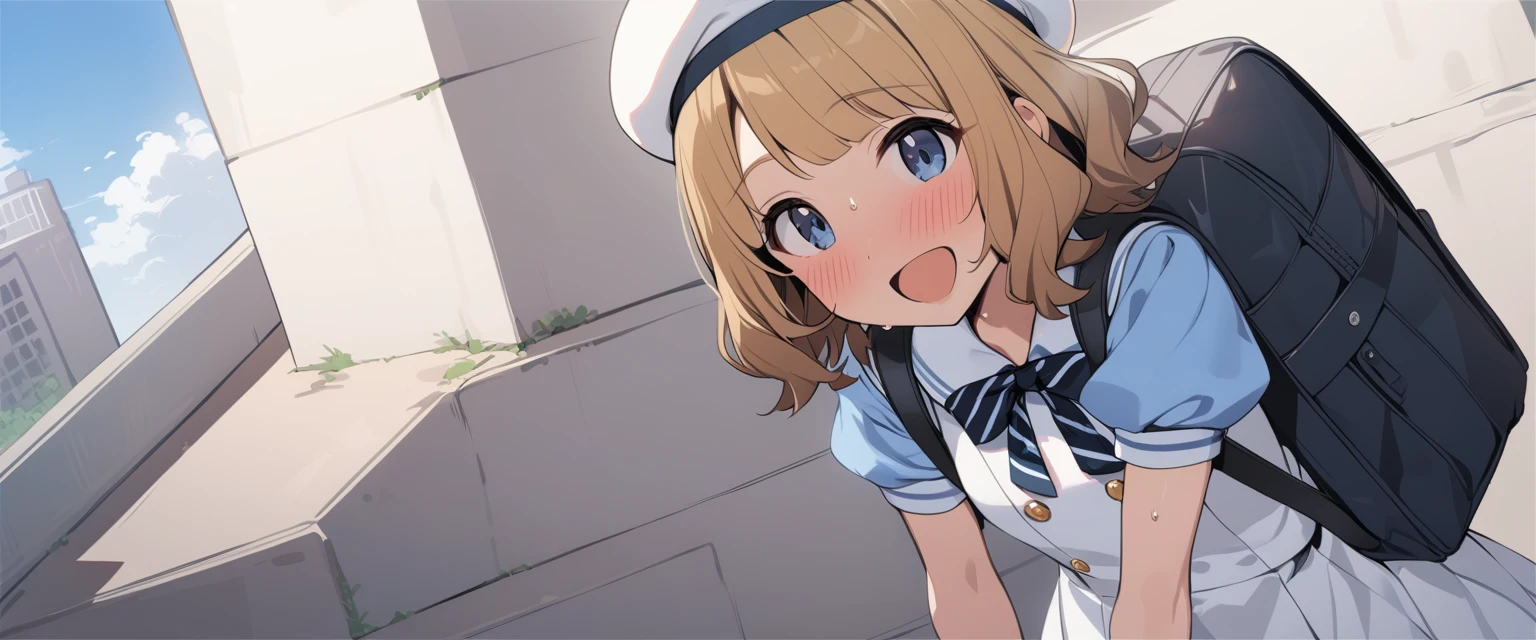 One girl, Sweaty Momoko, 夏-es, Day, blush, Brown Hair, blue eyes, Eyebrows visible through hair, Puffy sleeves, bag, Blonde, Grey hat, Medium Hair, school bag, View your viewers, Short sleeve, Backpack, :d, Open your mouth, short hair, Long Hair, smile, Are standing, Retention strap, White Dress, Sailor suit, Blue Shirt, Collared shirt, Sailor collar, puffy Short sleeve, beret, White Hat, Sailor's hat, Neck ribbon, Black neckwear, Striped neckwear, button, masterpiece, Highest quality 