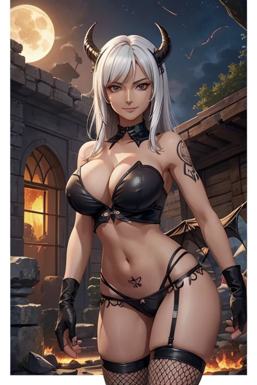 (masterpiece), best quality, expressive eyes, perfect face, front lighting, (outside village ruins on fire at night with moonlight background), (flying), (smirk), (cleavage view), (1girl, milf, nico robin, latina, dark skin, white hair, white hair, white hair, long white hair with bangs, flat straight hairstyle, brown eyes, hourglass figure, skinny body, thin body, petite_body, large breasts, huge breasts, oppai, large cleavage, wide hips, thick thighs), (succubus, succubus outfit, torn clothes, ripped clothes, torn black laceup microbikini, strapless, sleeveless, croptop, exposed cleavage, torn black thong, torn fishnet stockings, torn fishnet gloves, devil wings, devil horns, devil tail, womb tattoo), 