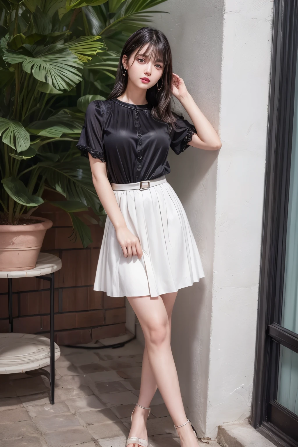 ((Best image quality、8K、masterpiece：1.3))、Realistic high-quality photos、Highest quality、Beautiful and graceful face and eyes、Black Hair、Shiny Hair、 OL、Wearing a short-sleeved blouse、Wear a long skirt、Full Body Shot.
