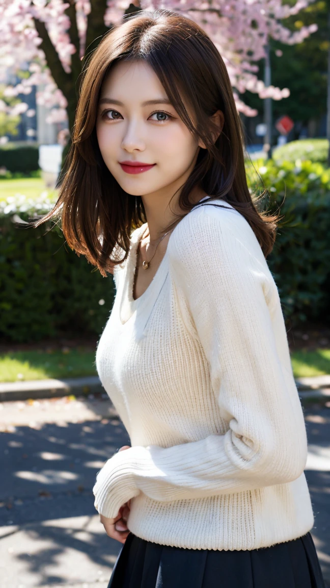 highest quality, masterpiece, 8K, ultra high resolution, (realistic: 1.4), beautiful face, symmetrical eyes, European, white hair, smile, wearing makeup, high-definition images, atmospheric perspective, super detail, accurate, best quality, an European lady, drooping eyes, sleepy face, blush, in the park, warm light, sunny day, skirt, high boots, necklace