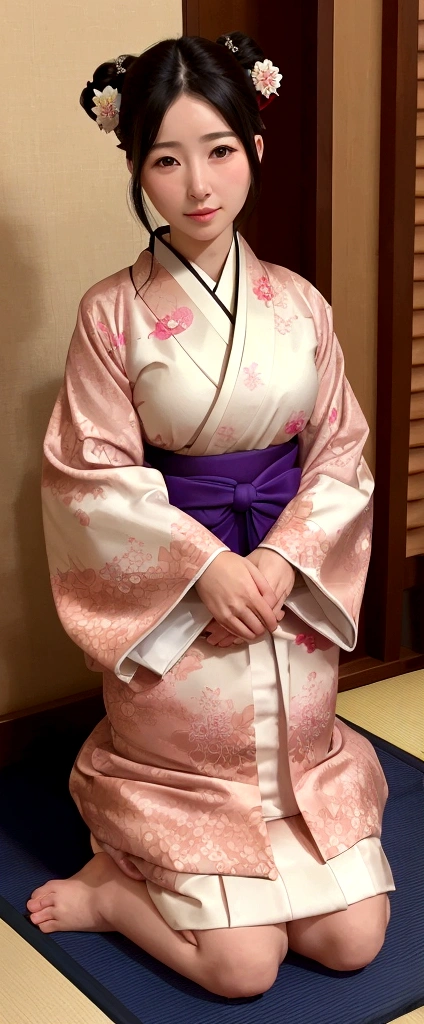 The young proprietress of a long-established inn、Very beautiful woman、Wearing a Japanese kimono for women、Elegant kimono、Sit upright、Place both fingertips on the floor