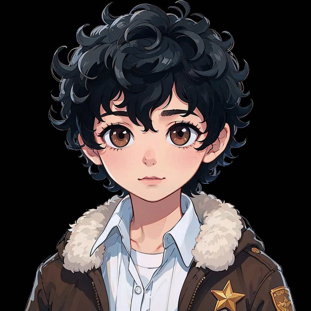 boy with black curly hair and dark eyes. with Rick Grimes' outfit from season five