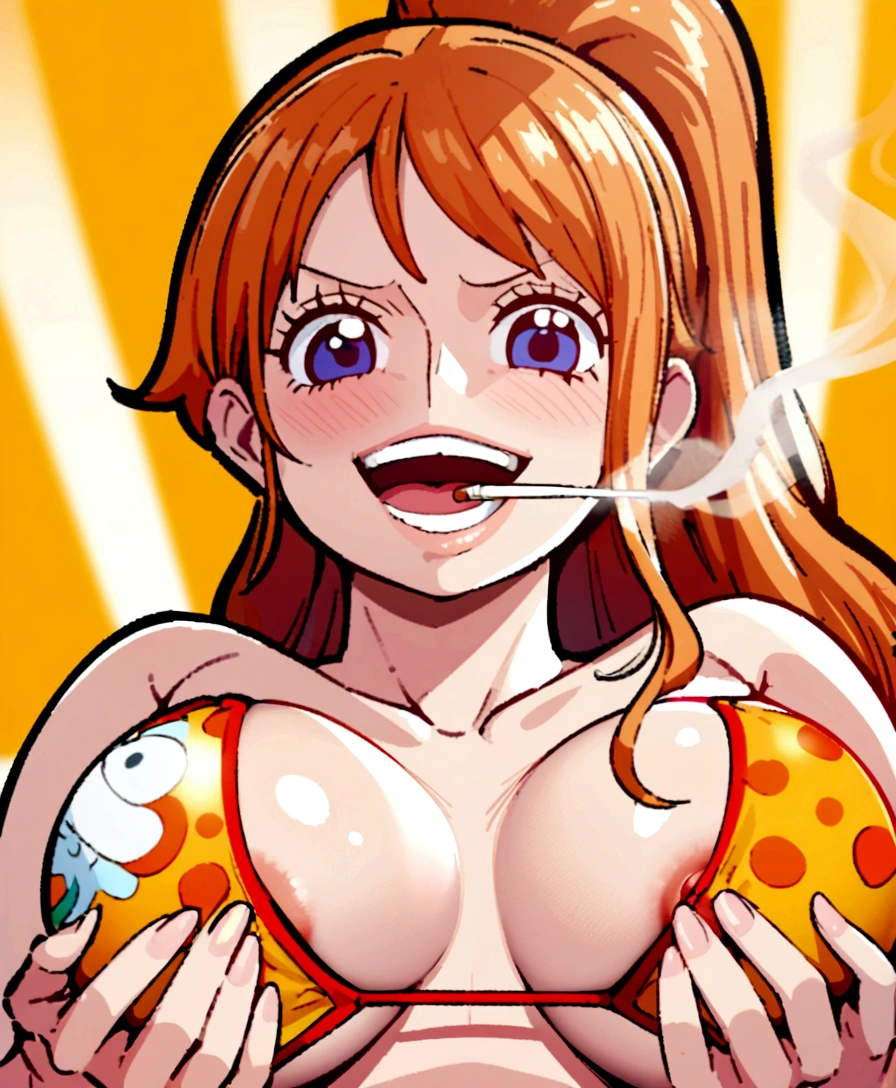 a cartoon picture of a woman in a bikini top and jeans, nami one piece, nami from one piece, nami, beautiful portrait of nami, from one piece, oppai, blue eyes, smoking, ponytail, nsfw
