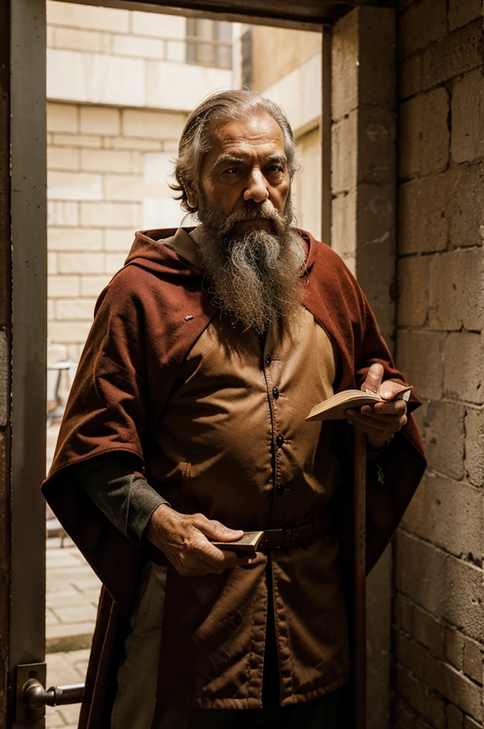 São Paulo. elderly man, brown beard, brownhair, wearing red and white cloak, holding a book and a sword.