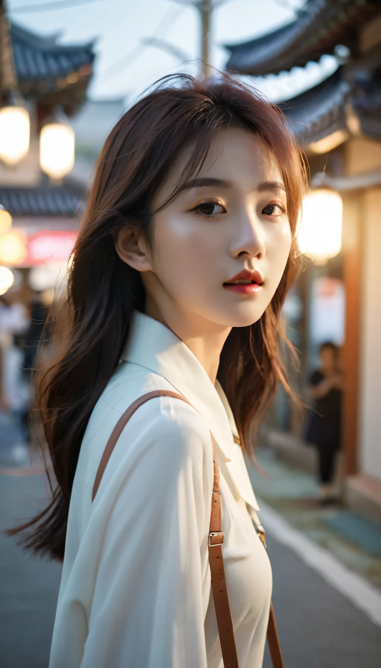 Korea girl walking on the street, cinematic style soft lighting glow effect