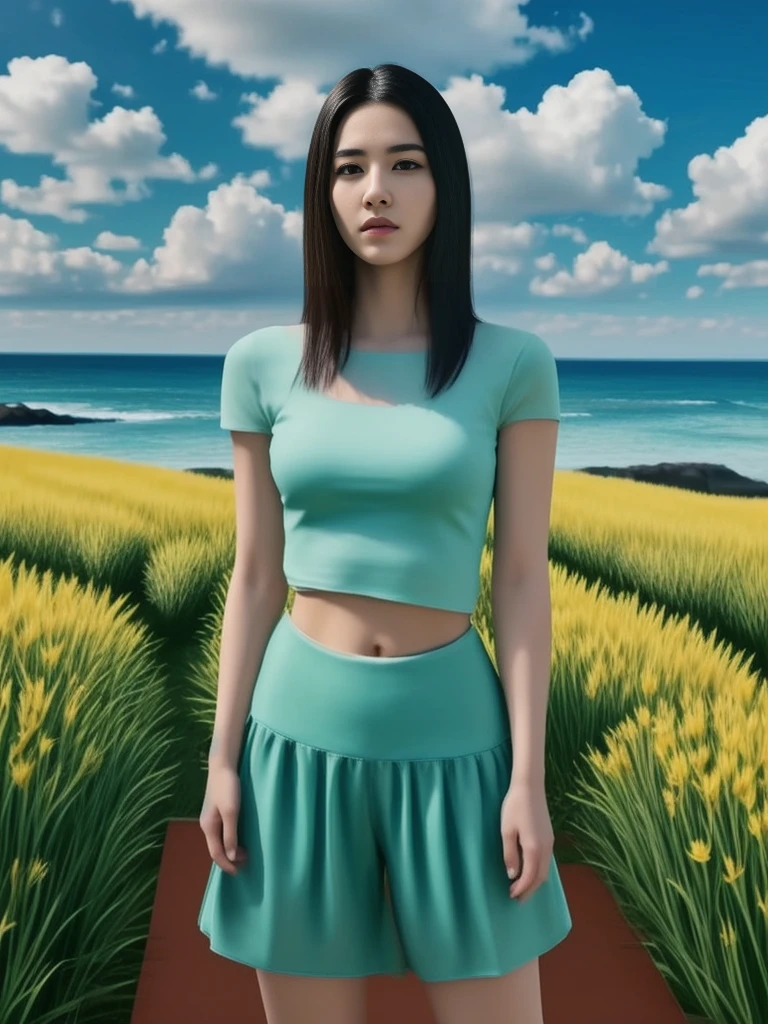 Araaf woman close-up, ของผู้หญิงlong hairชาวเอเชียตะวันออกเฉียงใต้ที่มีใบหน้ากลม, ,ผมหางม้าlong hair,float up, black eyes, staring at the viewer, abdominal muscles, shiny body, Large chest 36 inches, morning sun,  long hair,black eyes,abdominal muscles, The body is beautiful and strong., rounded chest, (digital painting, HDR, high contrast), 3-D, 8K, 45,000,000 pixcels,