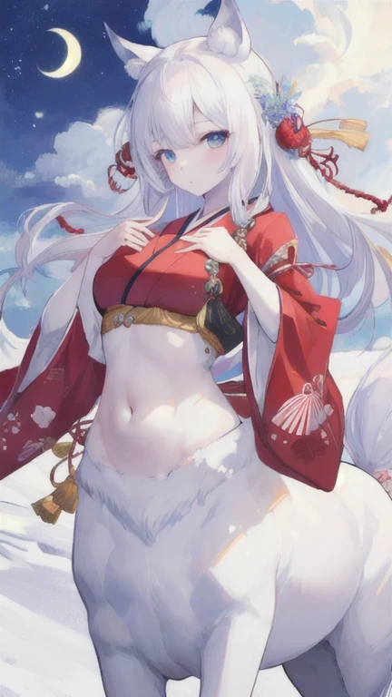 (best quality, masterpiece), 1 girl, centaur, It takes, White skin, Japanese  , exposing the abdomen,belly button t-shirt, 아름다운 소녀 perfect wolf photo, perfect wolf photo