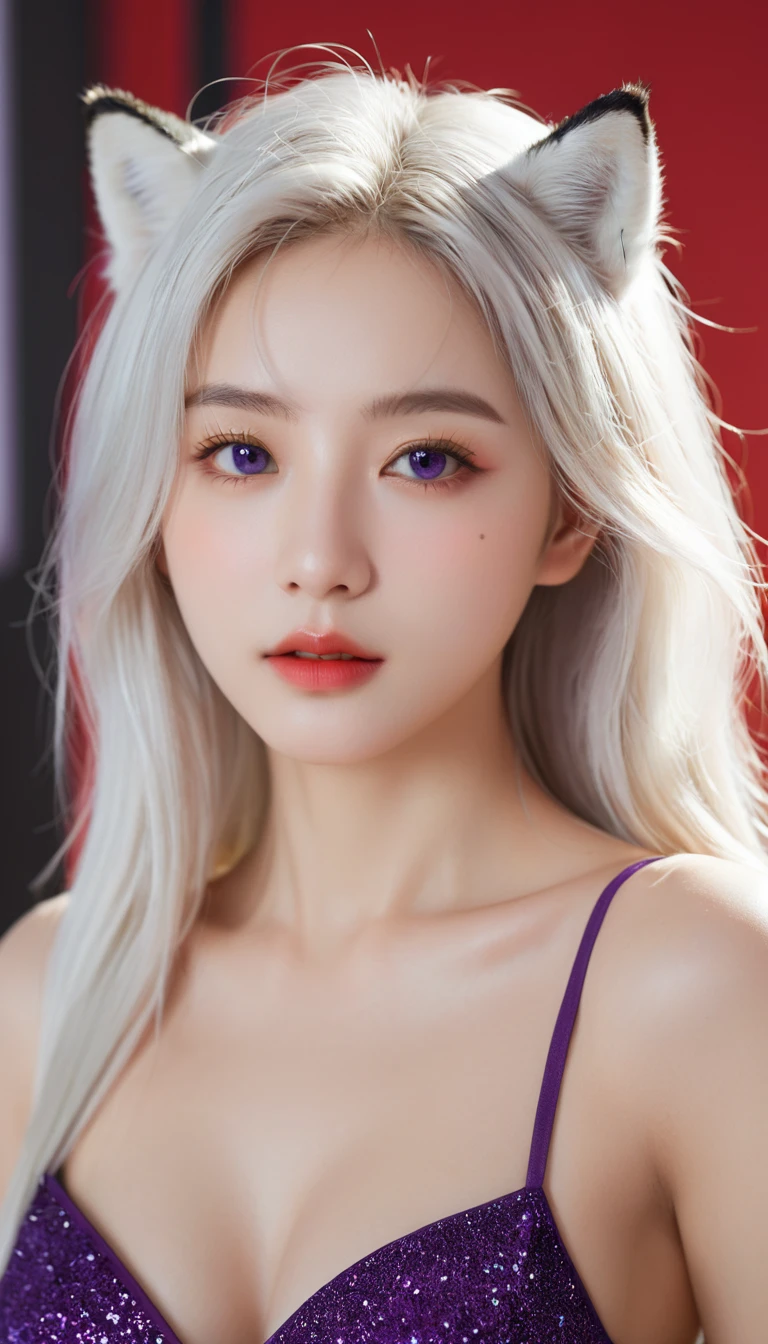 1 girl, Medium breasts, Eyes of the stars, (8K, RAW photos, High sensitivity, best quality, masterpiece, Ultra high resolution, realism: 1.25), blush, (Very Detailed CG Unity 8K Wallpaper, best quality, high resolution: 1.2), (Extremists_detailed, Ultra HD: 1.2), Perfect lighting, Unique, (1 girl: 1.4), (pretty girl: 1.2), Unreal Engine, Side Light, White hair, Fox ears, Purple Eyes, Perfect face, Delicate face, Perfect body, beautiful eyes, Pretty Face, (Bright skin: 1.4), Idol, (whole body), Red T-shirt, transparent,