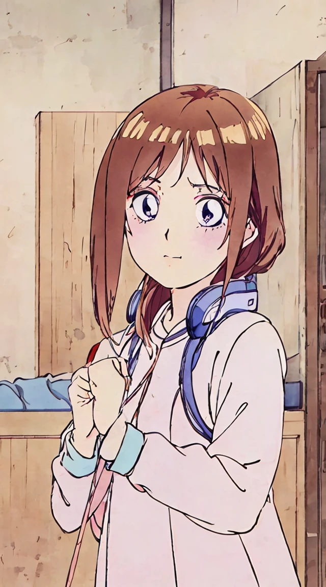 school classrooms、Watercolor style、Pale colors、hand painted style, student、hi-school girl、School route、carrying a schoolbag、Walking Girl Japan、posterior view、Looks Back, , A smile、frontage、The upper part of the body、pink red Brown hair、long fluffy hair, a strand of hair falling across her face, blue headphones, cowboy shot, miku nakano