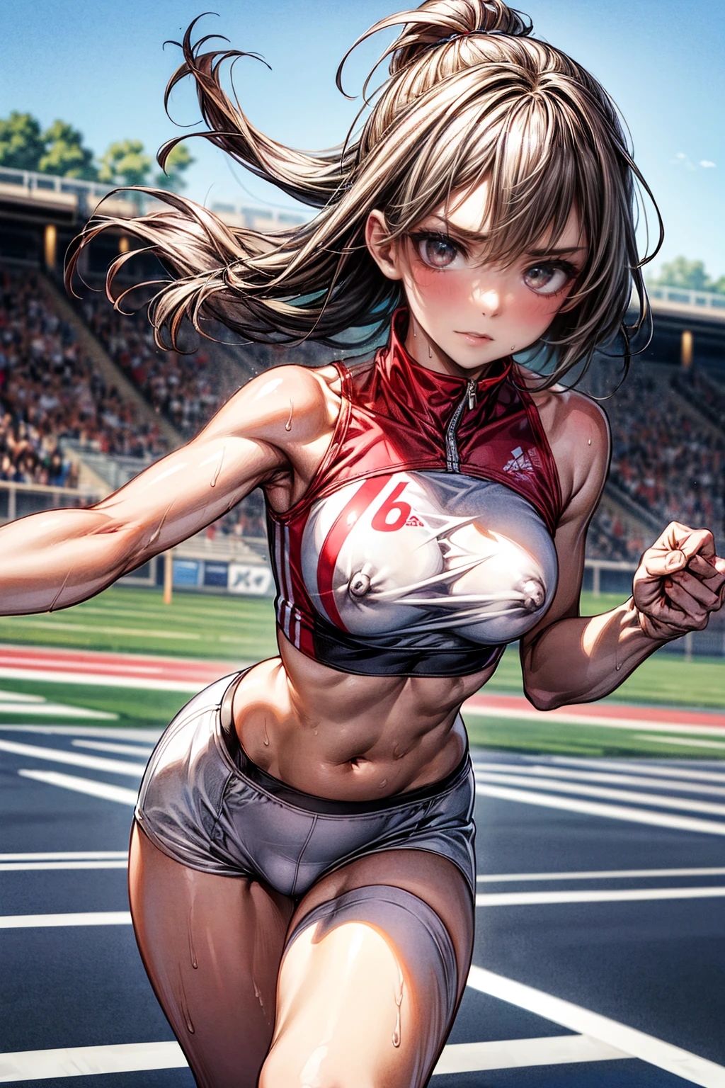 Photo of a 20 year old woman, Perfect Face, masterpiece, good, Sports bra,Racing Bloomers、good, Run at full speed、Sweat flying、Serious face、Run towards the viewer、Track and Field、 swelling、Extreme Perspective