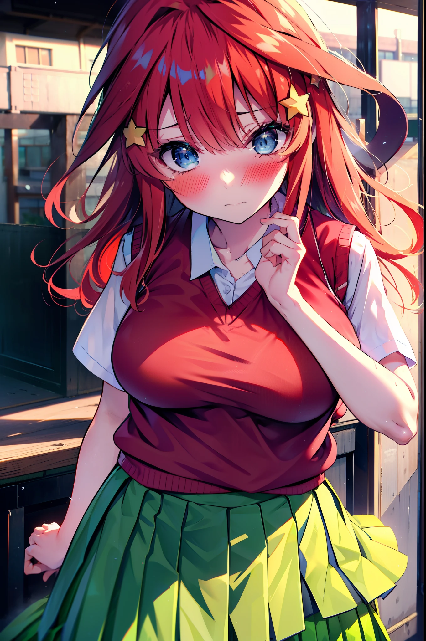 itsukinakano, itsuki nakano, bangs, blue eyes, Hair between the eyes, Ahoge, Redhead, star \(symbol\), hair ornaments, star hair ornaments,Tears stream down her face,Tears of joy,I cry a lot,blush,Open your mouth,
skirt, shirt , clavicle, white shirt, Short sleeve, Pleated skirt, socks, collared shirt, mini skirt, Knee-high, white socks, (Green Skirt:1.5), (red sweater vest:1.5),Black Loafers,Sunset,evening,The sun is setting,whole bodyがイラストに入るように,
break outdoors, Back of the school building,
break looking at viewer, whole body,(Cowboy Shot:1. 5)
break (masterpiece:1.2), Highest quality, High resolution, unity 8k wallpaper, (figure:0.8), (Beautiful attention to detail:1.6), Highly detailed face, Perfect lighting, Highly detailed CG, (Perfect hands, Perfect Anatomy),