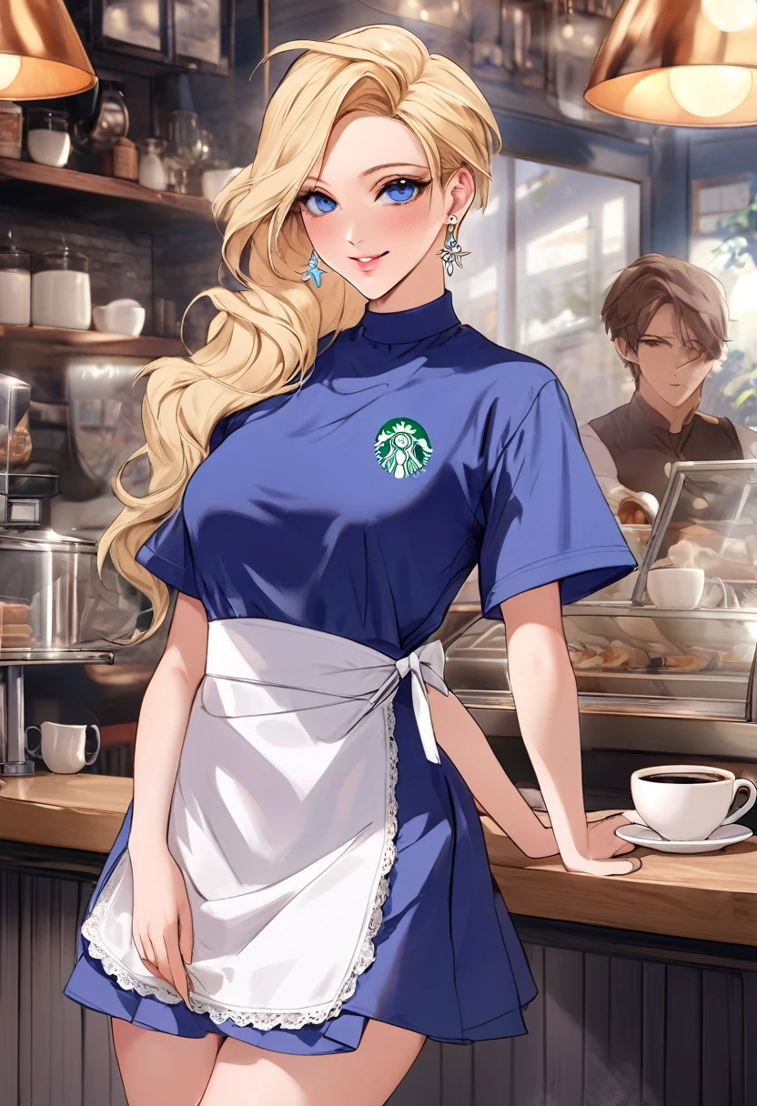 (long-eyelashes)(blonde hair)(long hair)(anime)(anime style) (cinematic lighting)(masterpiece)(accurate)(anatomically correct)(super detail)(high details)(high quality)(best quality)(highers, 8k)(Modern clothes)(youthful appearance)(18 years old boy)(soft features)(delicate facial structure)(narrow chin)(slender neck)(gentle smile)(captivating expression)(natural lighting)(soft and dreamy atmosphere)(solo)(nose blush)(light blush)(red lips)(happy)(glint)(seductive smile)(ear blush)(bright pupils)(wide eyes)(blue eyes)(masterpiece) (Very detailed) (Half realistic)(blond hair)(long hair) (Delicate and delicate facial features)(ultra-detailed)(best quality)(perfect body)(detailed eyes:1.3)(clothed)(wide hips)(perfect hands and eyes)((perfect face)(sensual hips)(perfect slender body torso 1.2)(8k)(anatomically correct)(shaved)(thigh gap:1.2)(cinematic lighting:1.2)(high resolution:1.3)(dynamic shadows)(standing:1.3)(anime)(1 boy)(Solo)(looking at viewer)(best quality, 4k, highers, masterpiece:1.2)(ultra-detailed)(portraits)(beautiful detailed eyes)(beautiful detailed lips)(long eyelashes)(fair skin)(youthful appearance)(one boy)(feminine boy)(Starbucks apron)(Coffee shop)Name: Alex (last name). Age: 20. Gender: (Male) Sexuality: Bisexual. Height: 157 cm. Weight: 135 lbs. Hair: mid-long and strait + blond Hair. Eye Color: Blue. Clothing: Black uniform + White Starbucks apron. Accessories: Earrings + Light Make-up. Build: Soft features + delicate facial structure + Hourglass Figure + Wide Hips + Round Butt + narrow chin + slender neck + long-eyelashes +fair skin + slender body + Delicate and delicate facial features. Occupation: Coffee shop owner.